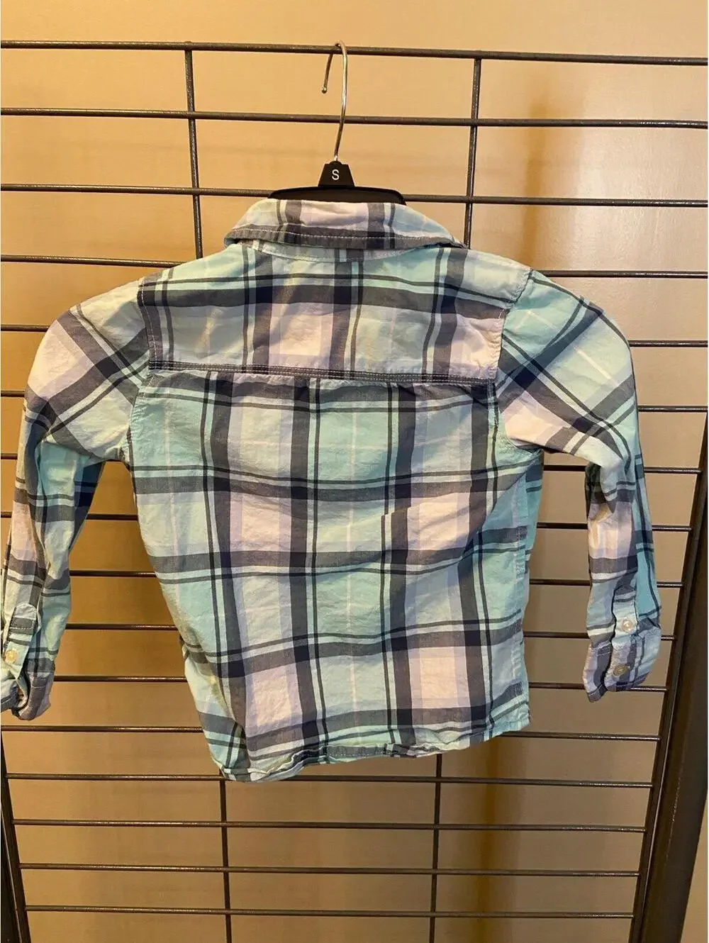 OshKosh Bgosh Boys Teal Blue Plaid Button Down Long Sleeve Shirt Size 5 Woven‎